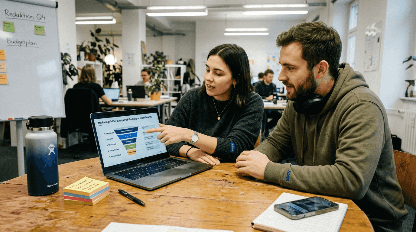 Das Team bespricht am Konferenztisch die Strategie fürs Retargeting.