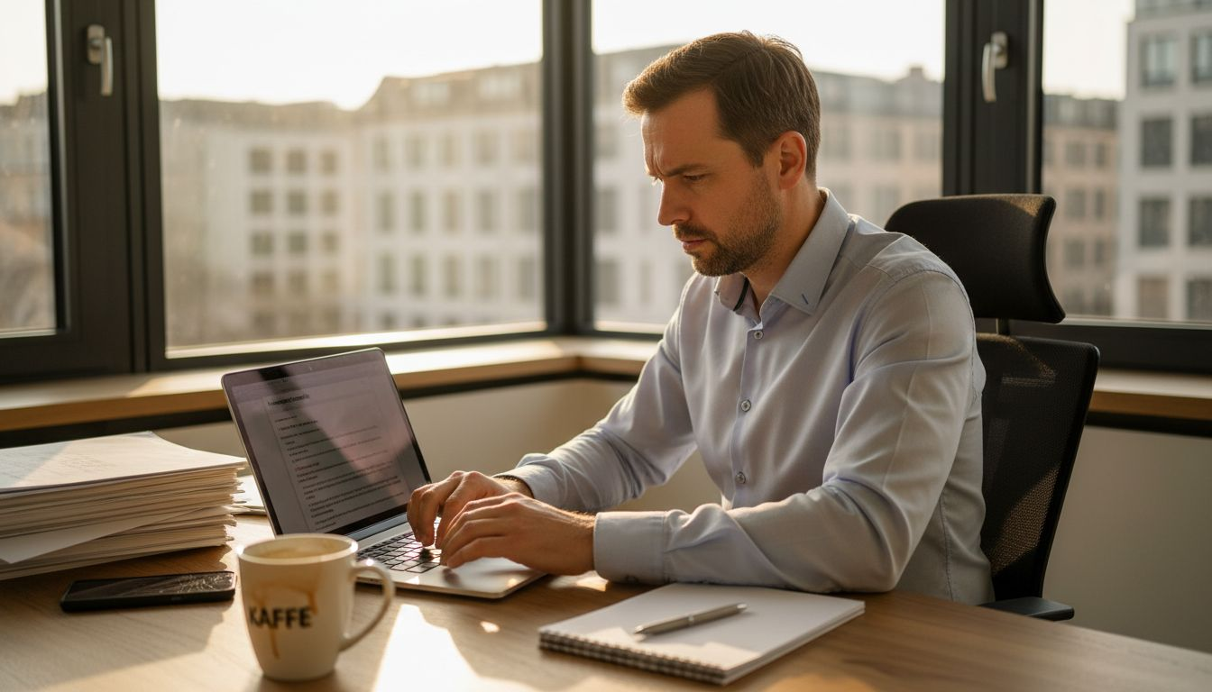 Ein Marketing-Experte sitzt am Schreibtisch und passt die aktuelle Kampagne an.
