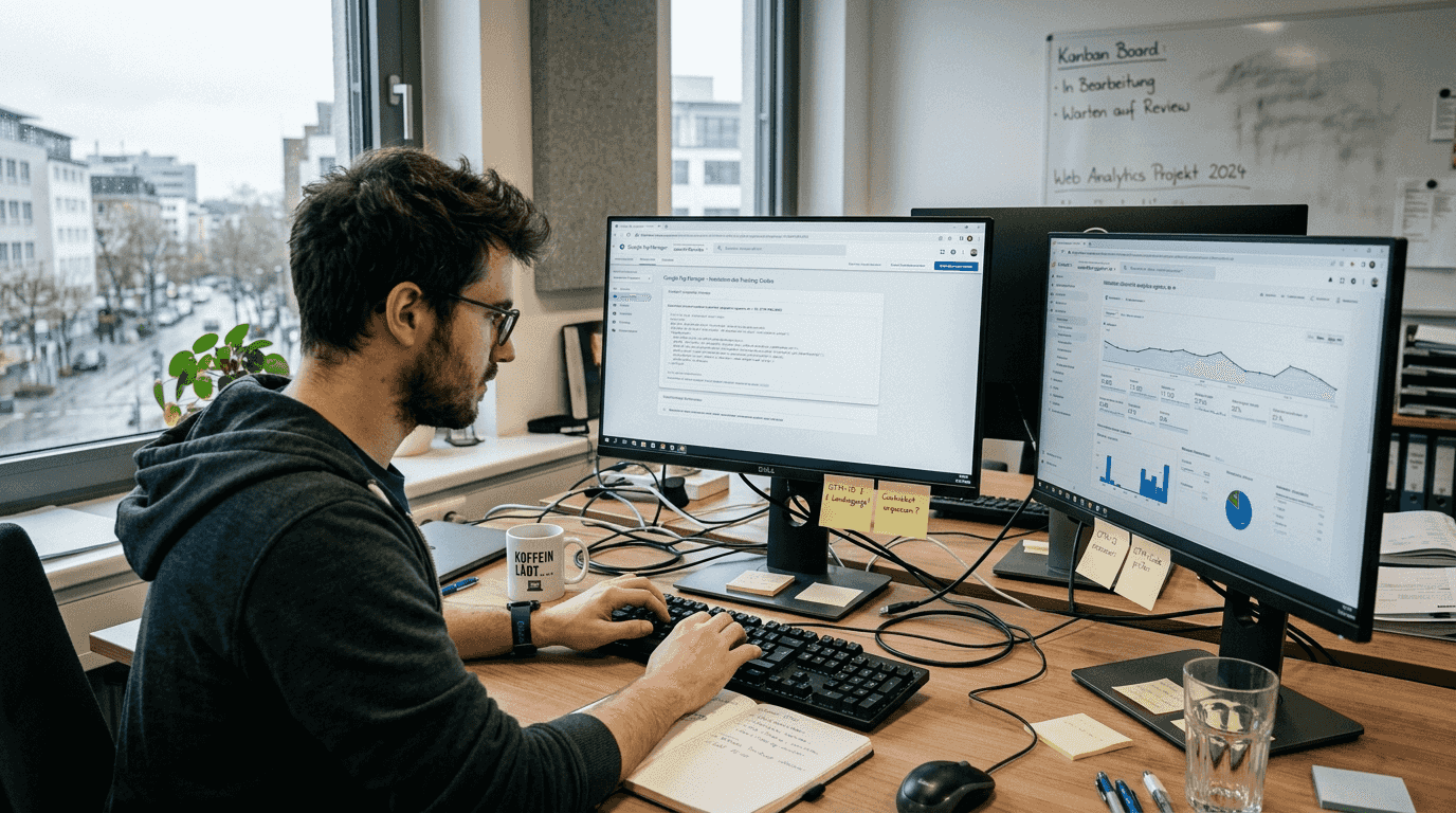 Ein IT-Experte integriert einen Tracking-Code in die Website, um das Nutzerverhalten besser analysieren zu können.