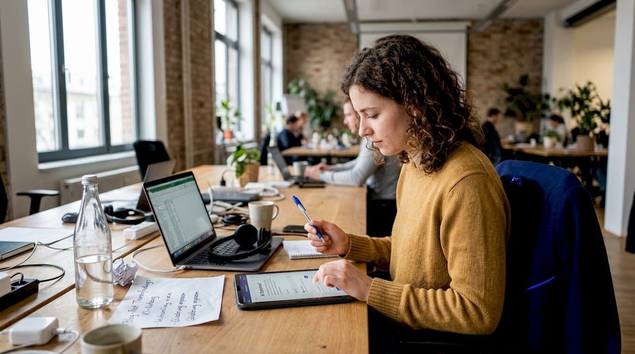Eine Frau nutzt KI-Tools, um kreative Inhalte zu erstellen.