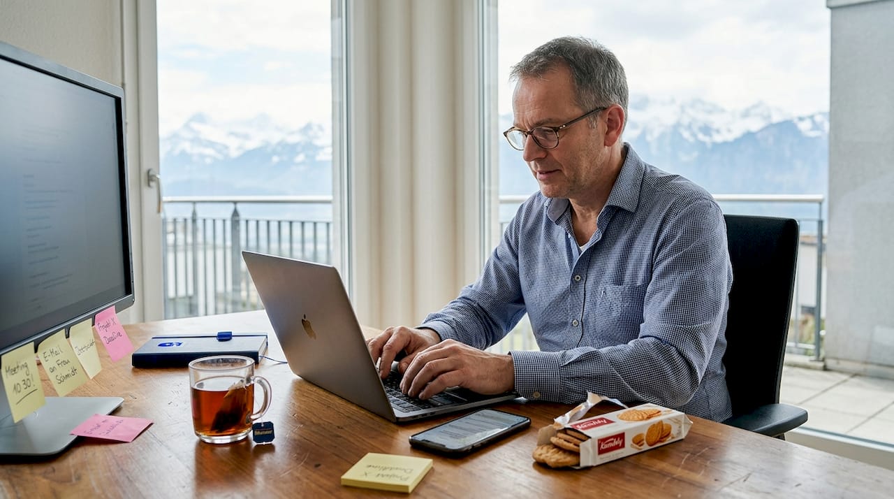 Ein Unternehmer betreibt seinen Schweizer Online-Handel bequem von zu Hause aus.
