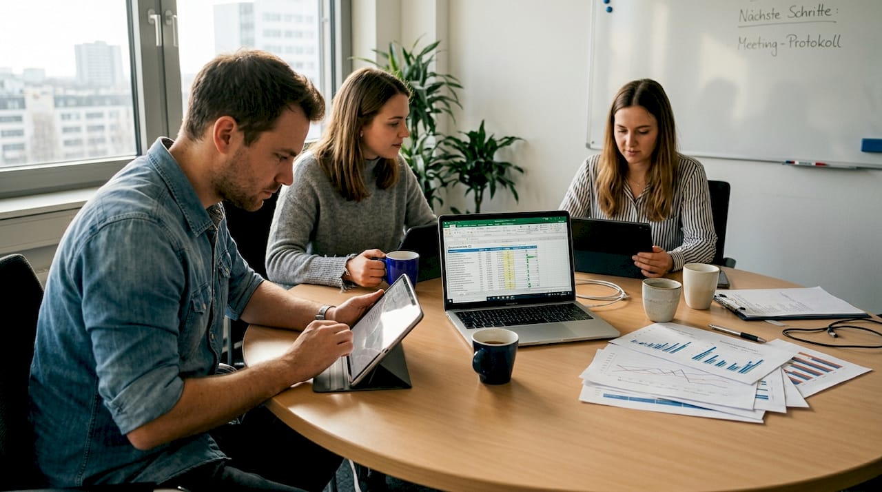 Kolleginnen und Kollegen analysieren gemeinsam die aktuellen Kennzahlen aus dem Performance-Marketing.