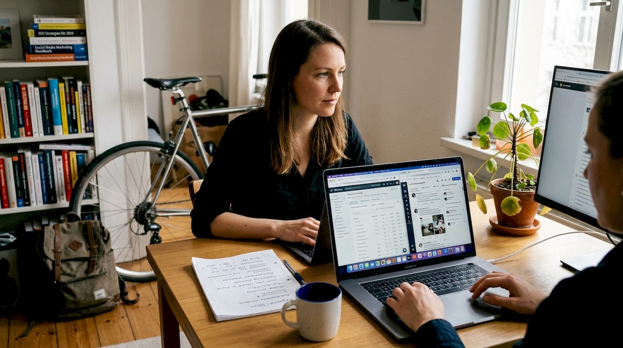 Zu Hause arbeitet eine Frau am Laptop daran, ihre Sichtbarkeit zu erhöhen.