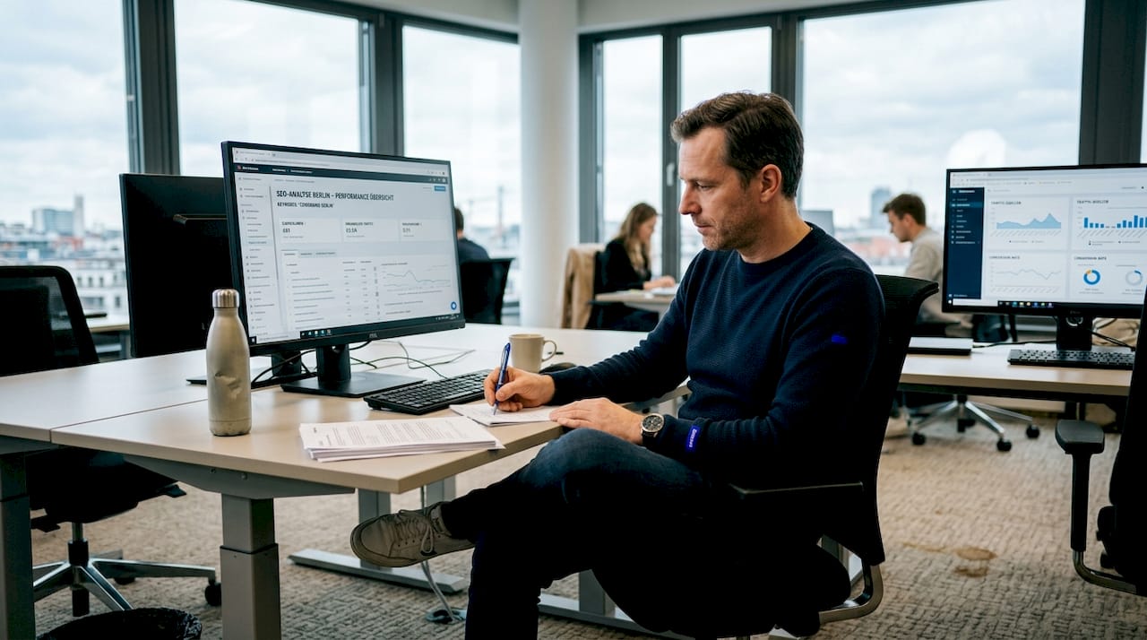 Ein Mitarbeiter wertet im Büro SEO-Daten aus.