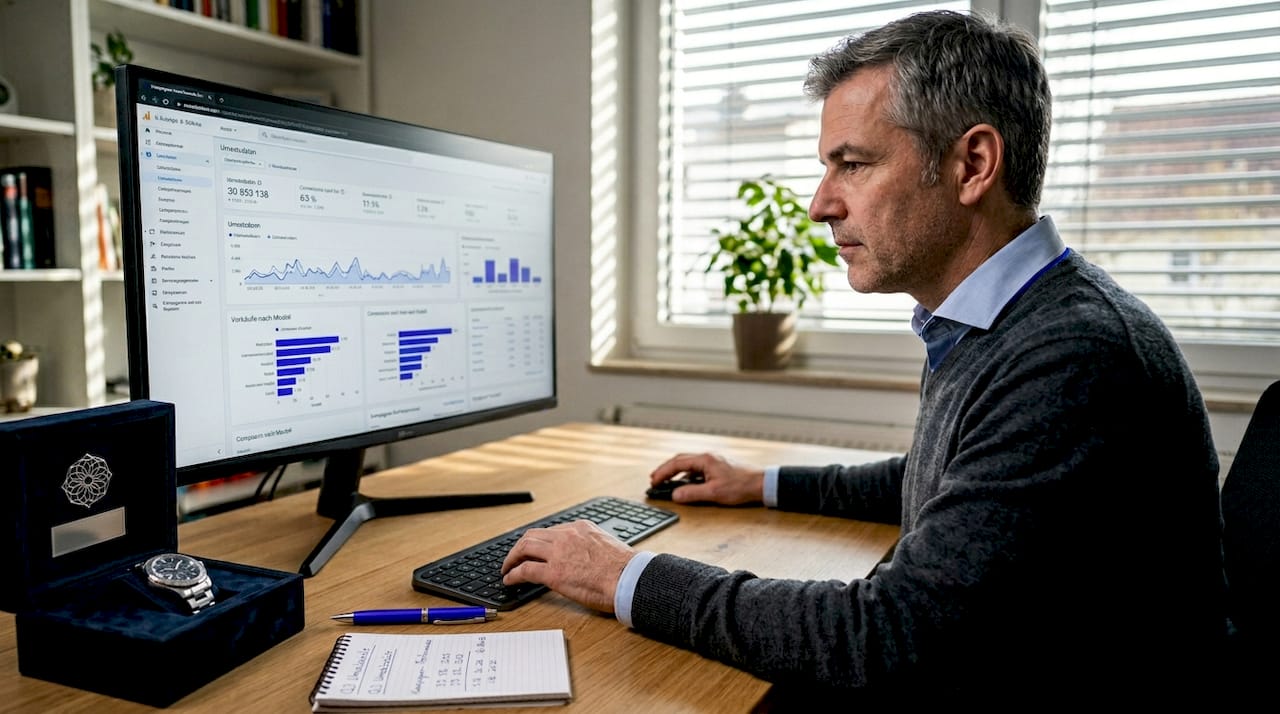 Der E-Commerce-Manager analysiert die Verkaufszahlen exklusiver Uhren.