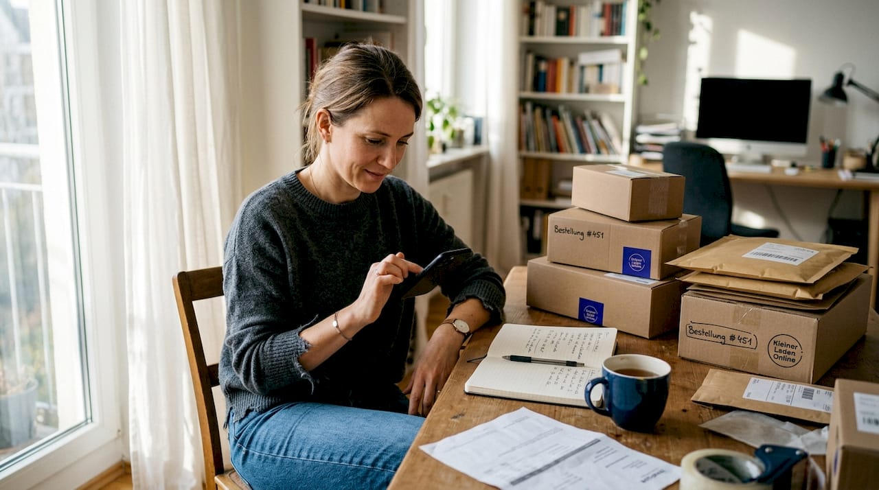 Ein Ladenbesitzer scrollt während einer kurzen Pause im Büro durch Instagram.