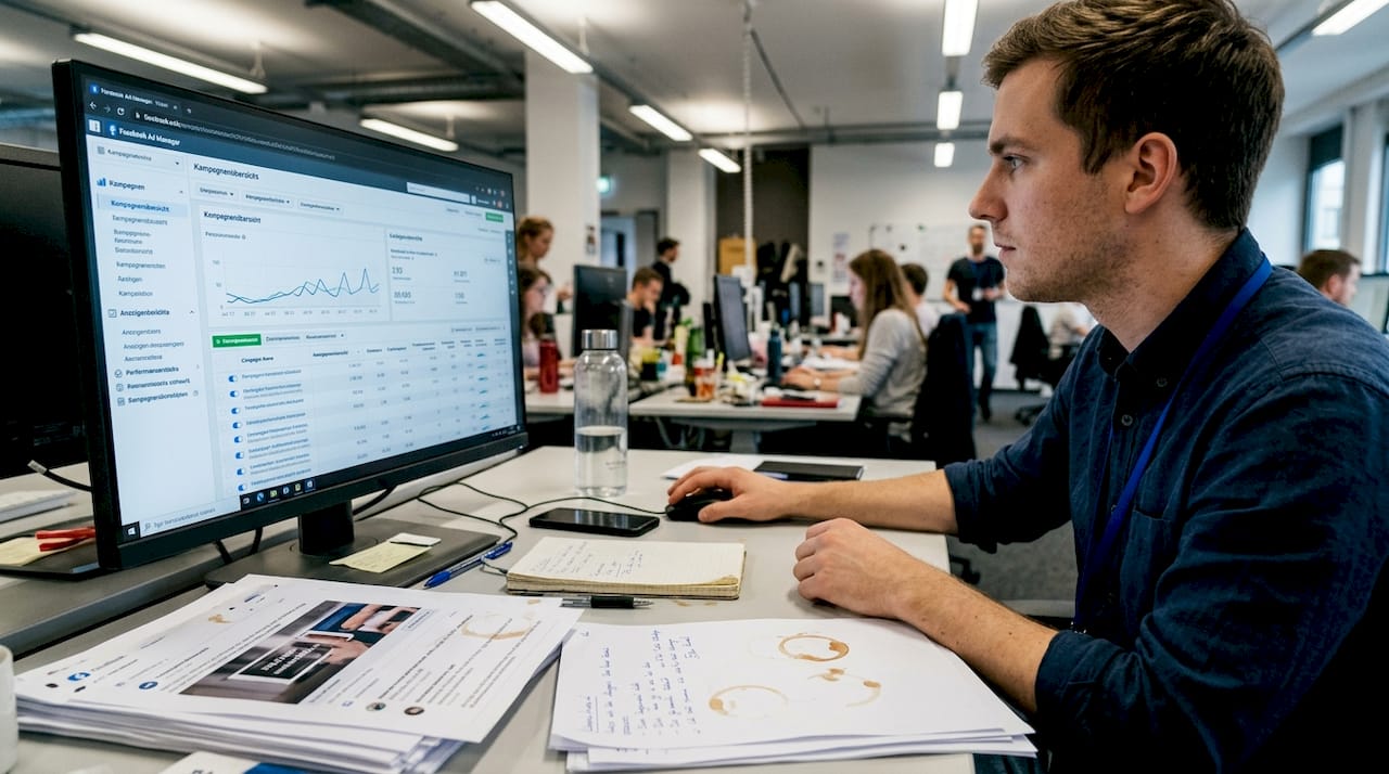 Ein Marketingexperte betreut die Facebook-Werbekampagnen.