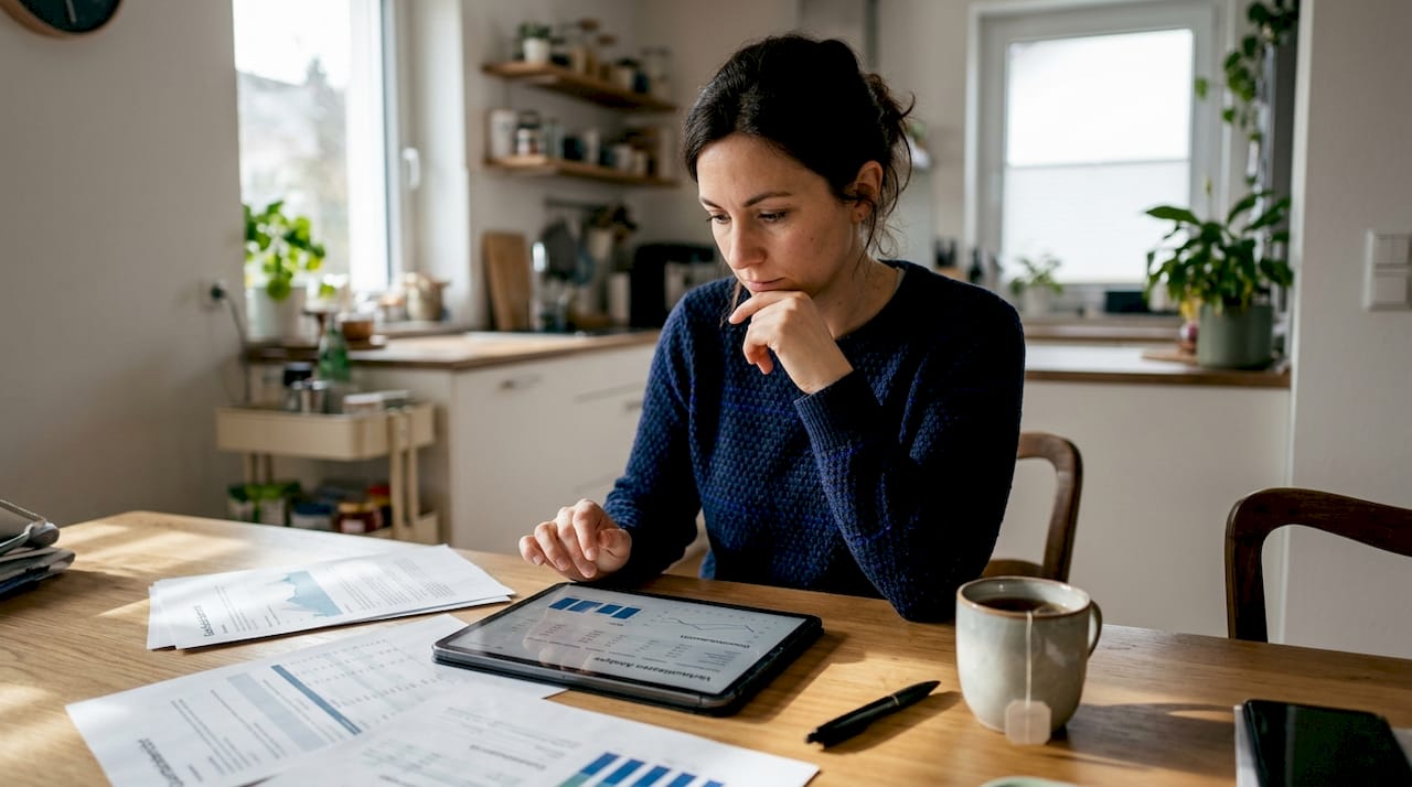 Eine Frau sitzt am Küchentisch und wirft einen Blick auf die aktuellen Verkaufszahlen.