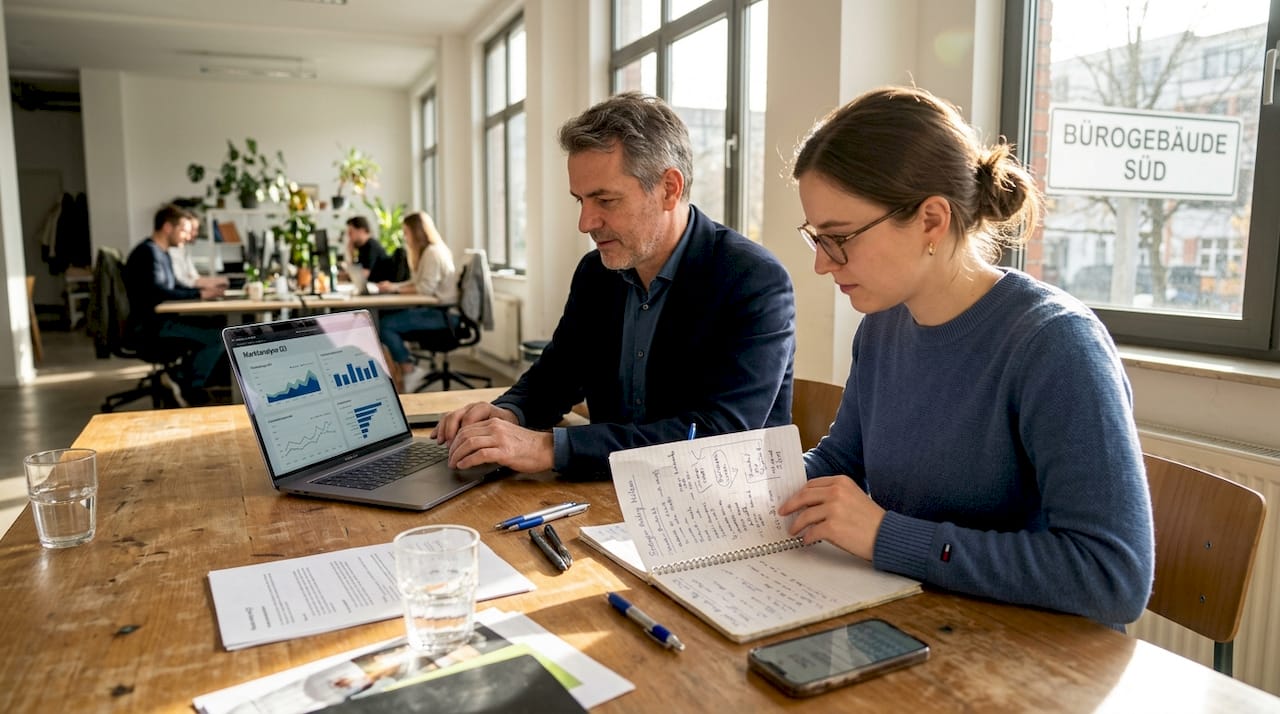 Das Marketing-Team tauscht sich gemeinsam an einem großen Tisch im offenen Büro aus.