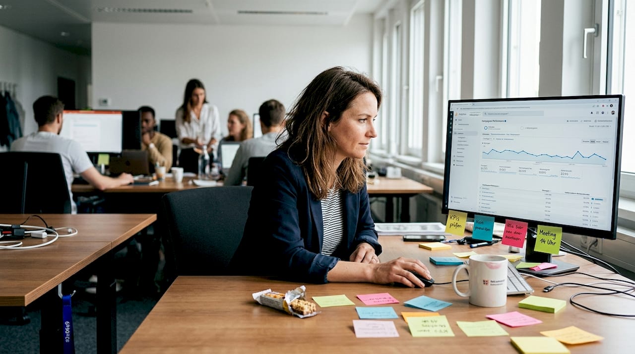 Eine Marketingmanagerin analysiert die aktuellen Kennzahlen ihrer Kampagne.