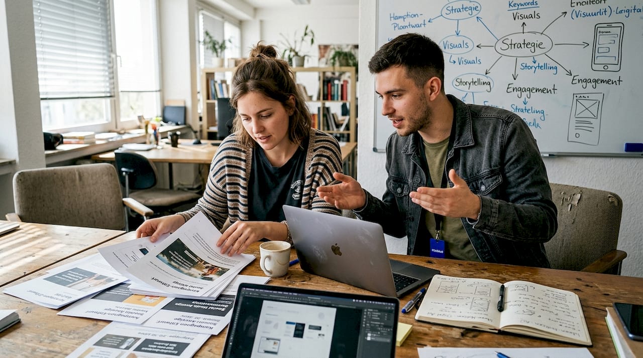Das Kreativteam sammelt gemeinsam am Konferenztisch neue Ideen.