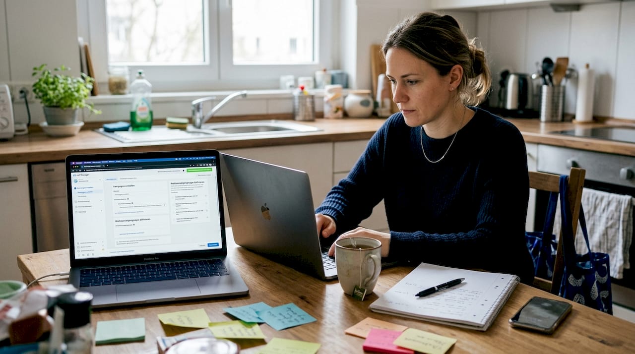 Ein Manager sitzt am Küchentisch und richtet gerade Werbeanzeigen für Instagram ein.