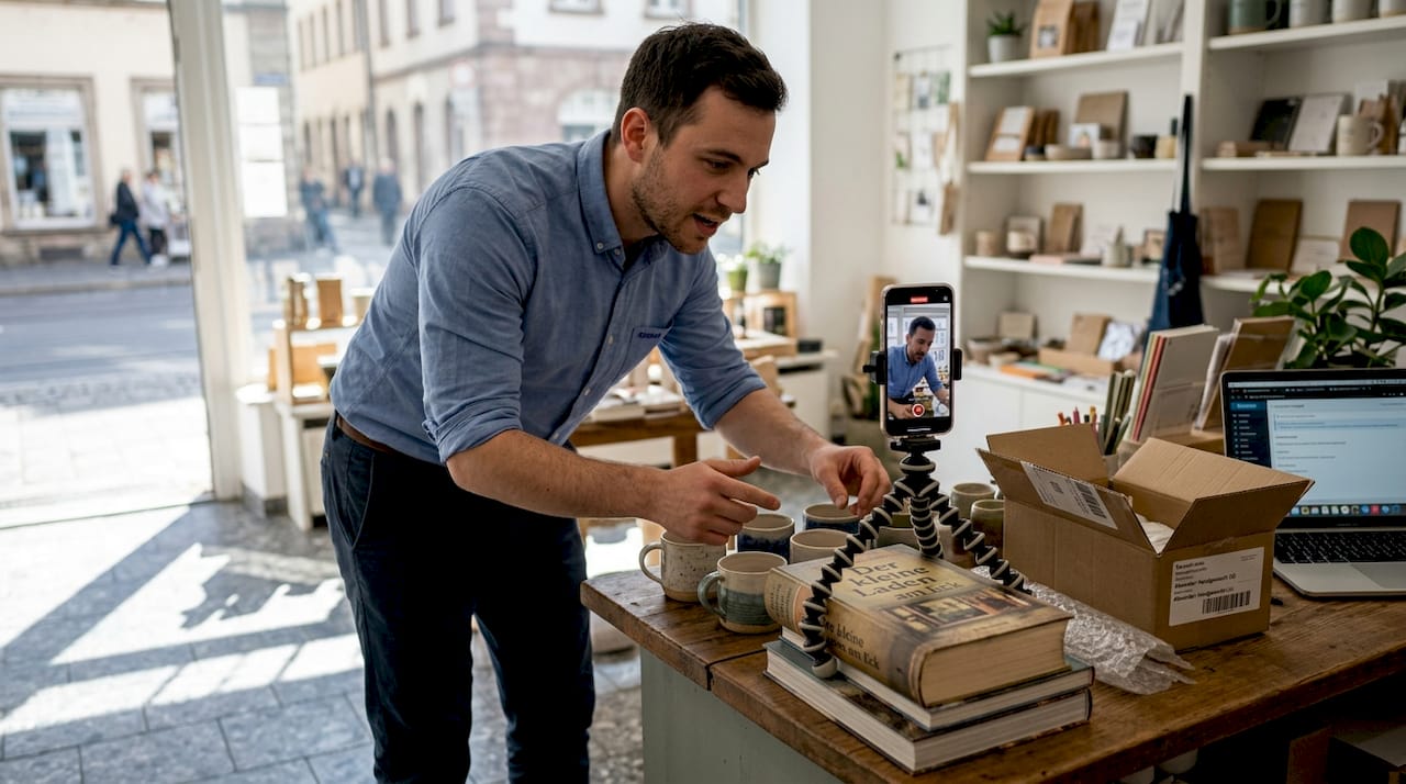 Ein Ladenbesitzer nimmt ein Werbevideo für Instagram auf.