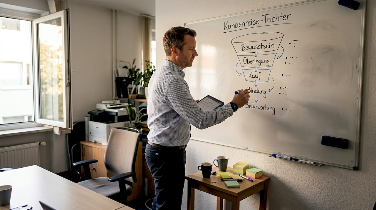 Ein Mitarbeiter skizziert den Ablauf einer Kampagnenstrategie anschaulich auf dem Whiteboard.