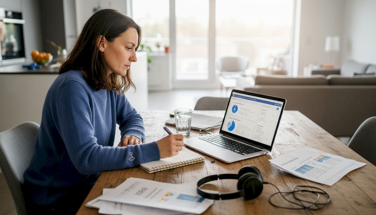 Eine Frau überprüft in ihrem Homeoffice die aktuellen Facebook-Anzeigen.