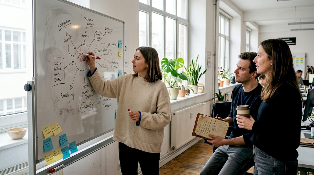 Im Büro sammelt das Team gemeinsam neue Ideen und bringt sie am Whiteboard zu Papier.