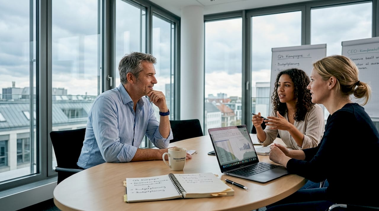Der Geschäftsführer bespricht sich mit dem Marketingteam.