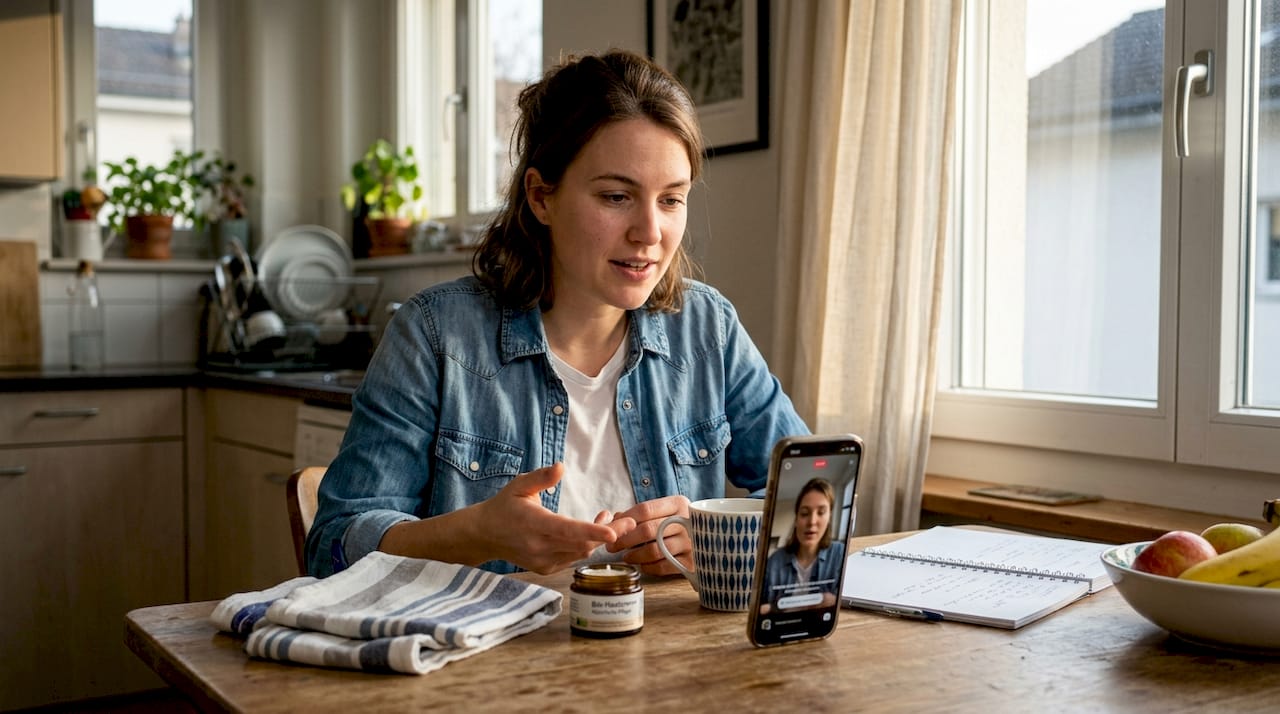 Eine Frau nimmt am Küchentisch ein Video für ihre Social-Media-Story auf.