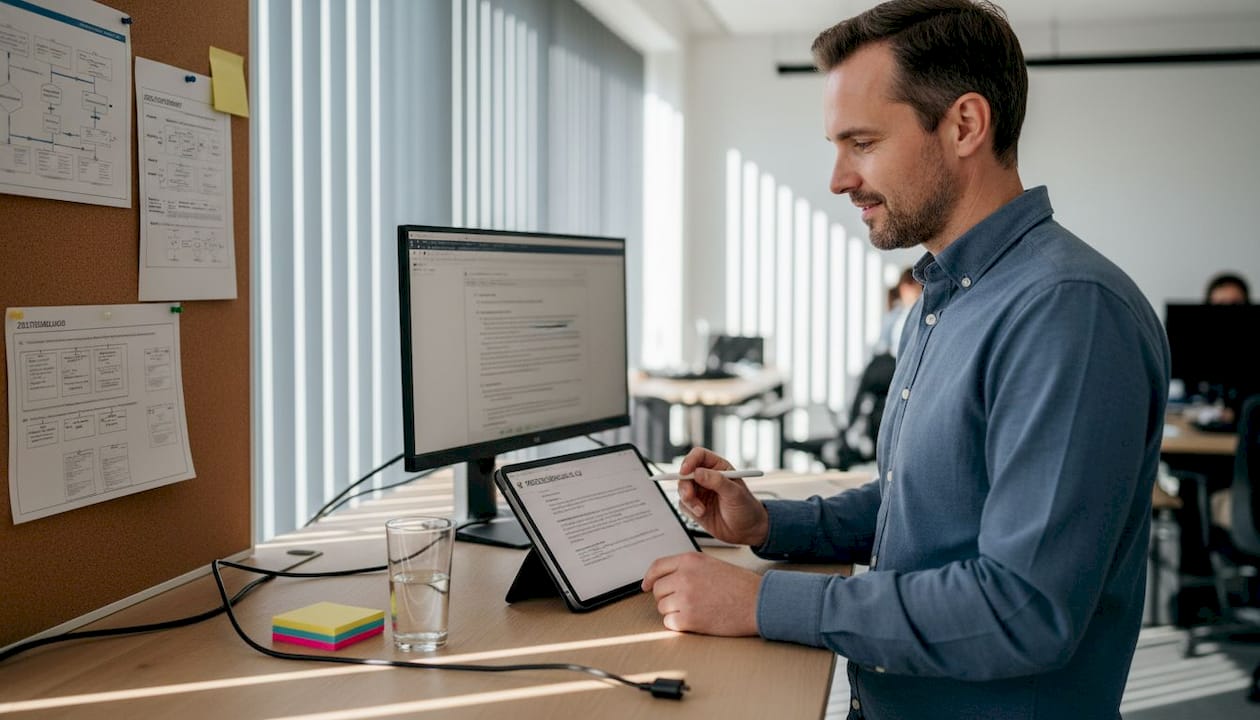 Ein Mitarbeiter aktualisiert den Ablauf für die Zusammenarbeit direkt am Tablet.