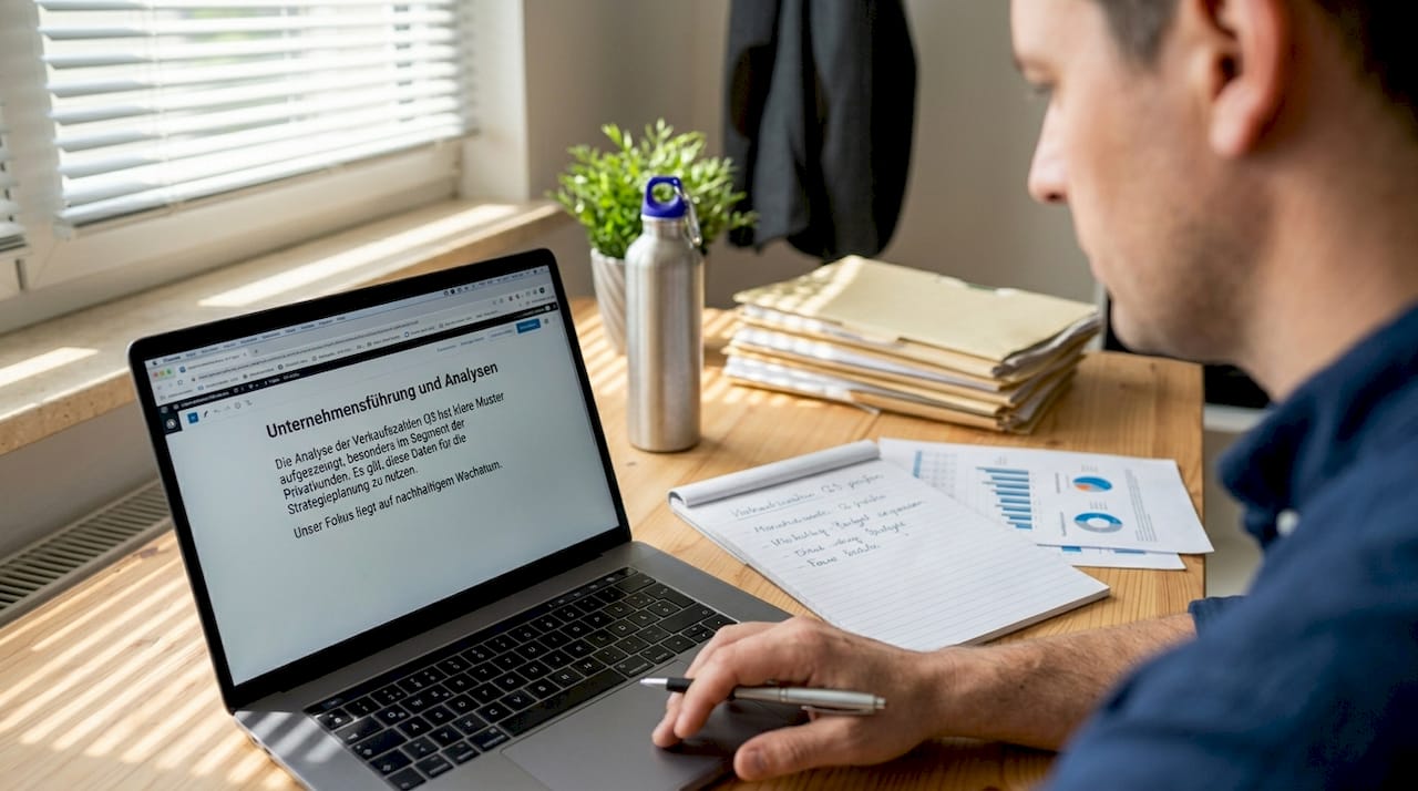 Unternehmerin analysiert am Schreibtisch die Entwicklung ihrer Verkaufszahlen.