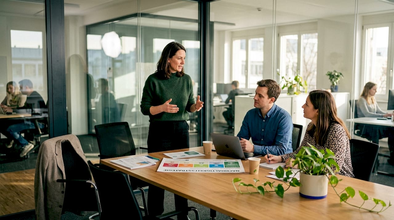 Das Team berät gemeinsam über die Strategie für nachhaltiges Marketing.