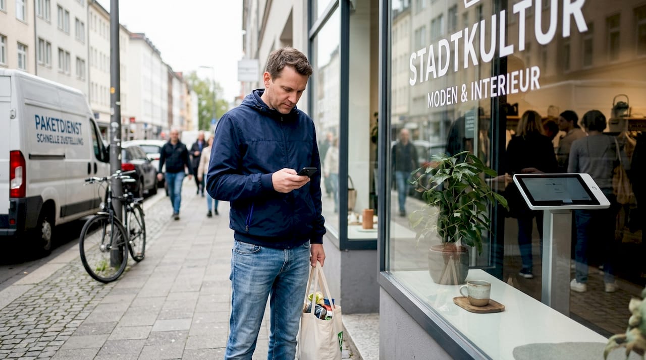 Ein Mann steht vor einem kleinen Laden und schaut auf sein Smartphone.