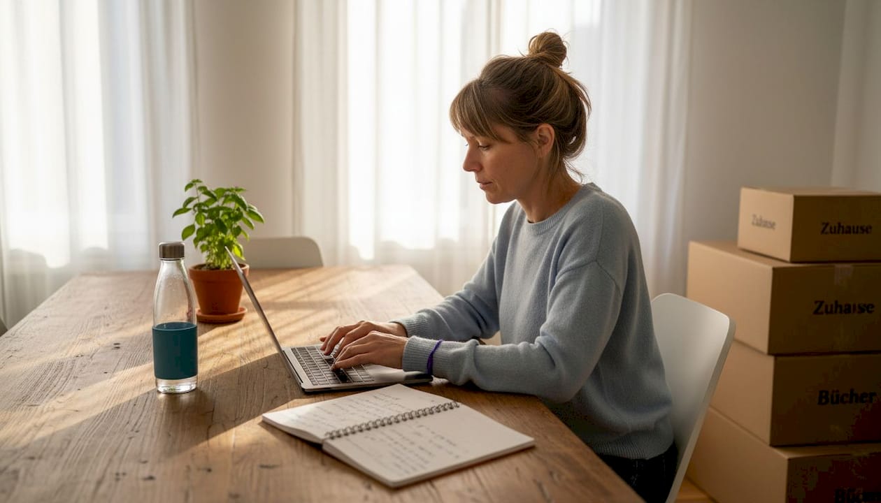 Eine Frau arbeitet im Homeoffice und kümmert sich um Aufgaben rund um ihren Online-Shop.