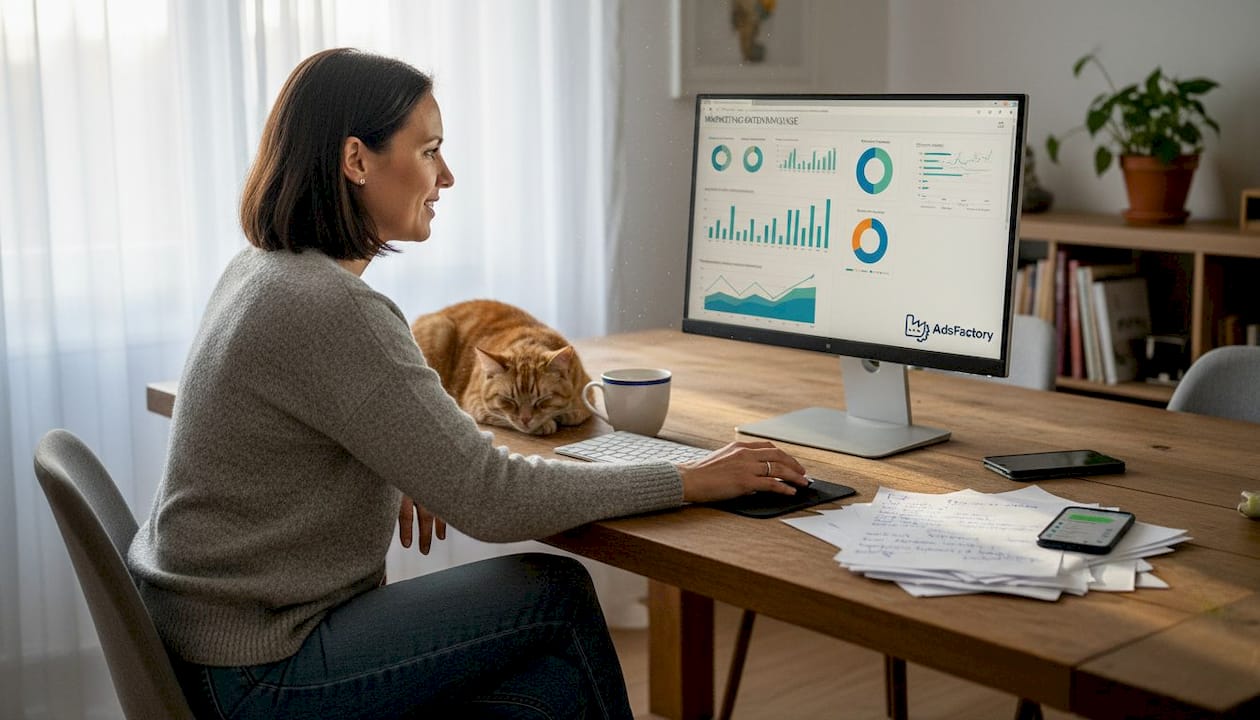 Eine Frau sitzt an ihrem Schreibtisch und analysiert die aktuellen Zahlen und Auswertungen ihrer Online-Marketing-Kampagnen.