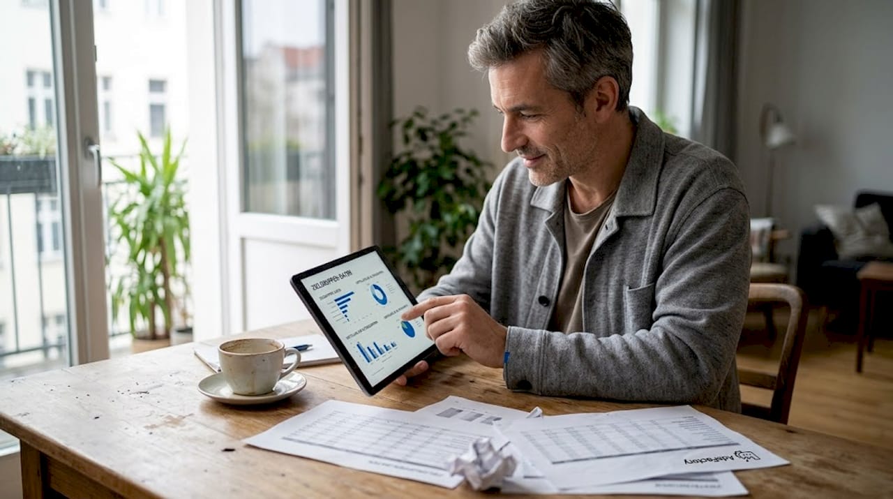 Ein Mann analysiert Zielgruppen mithilfe eines Tablets.