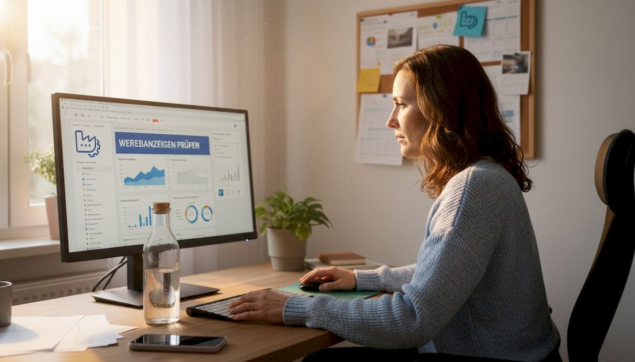 Eine Frau begutachtet Werbeanzeigen am heimischen Schreibtisch.