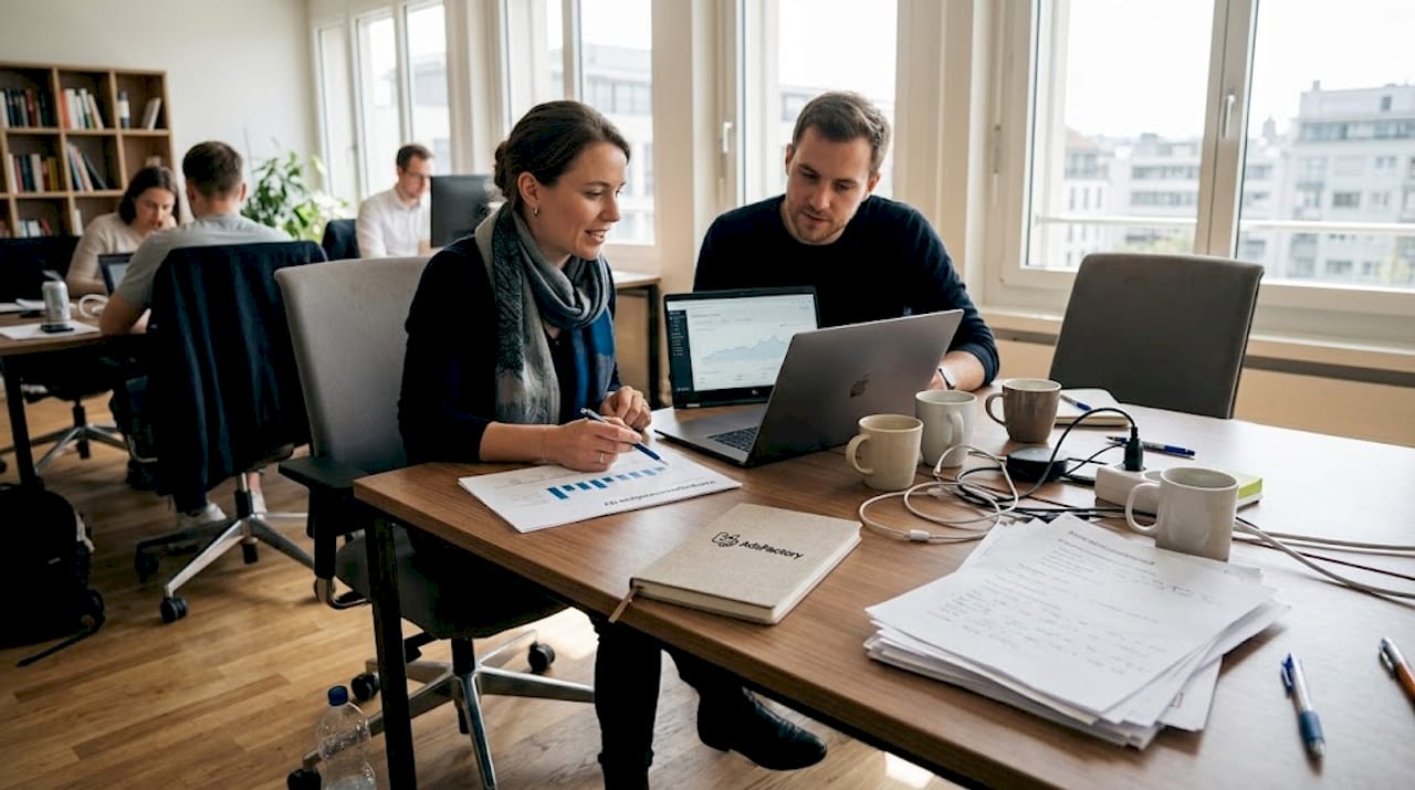 Das Team bespricht den Ablauf der aktuellen Kampagne gemeinsam am großen Co-Working-Tisch.