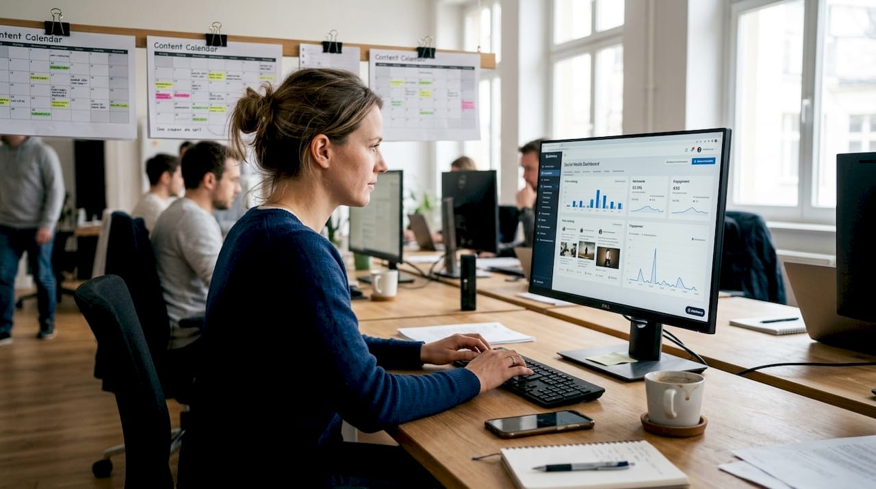 Eine Mitarbeiterin arbeitet im Büro an einem Social-Media-Dashboard.