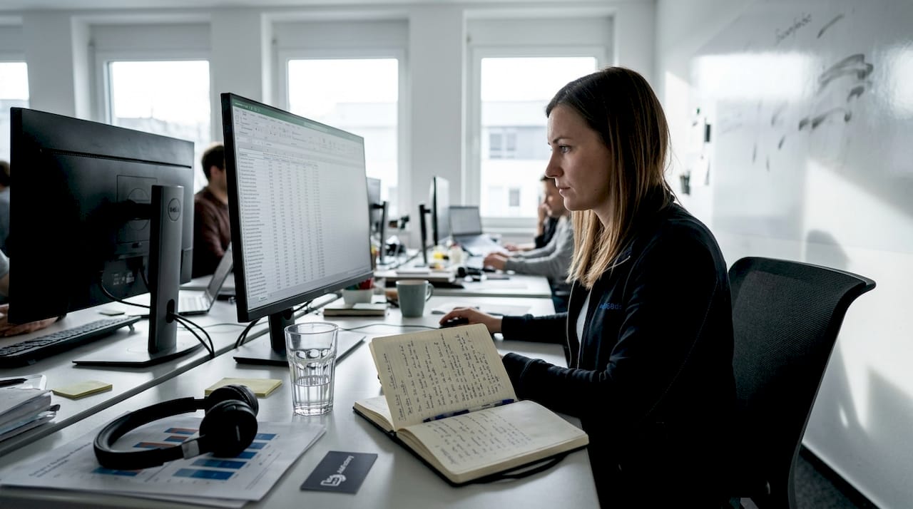 In einem lebhaften Großraumbüro wertet eine Mitarbeiterin konzentriert Daten aus.