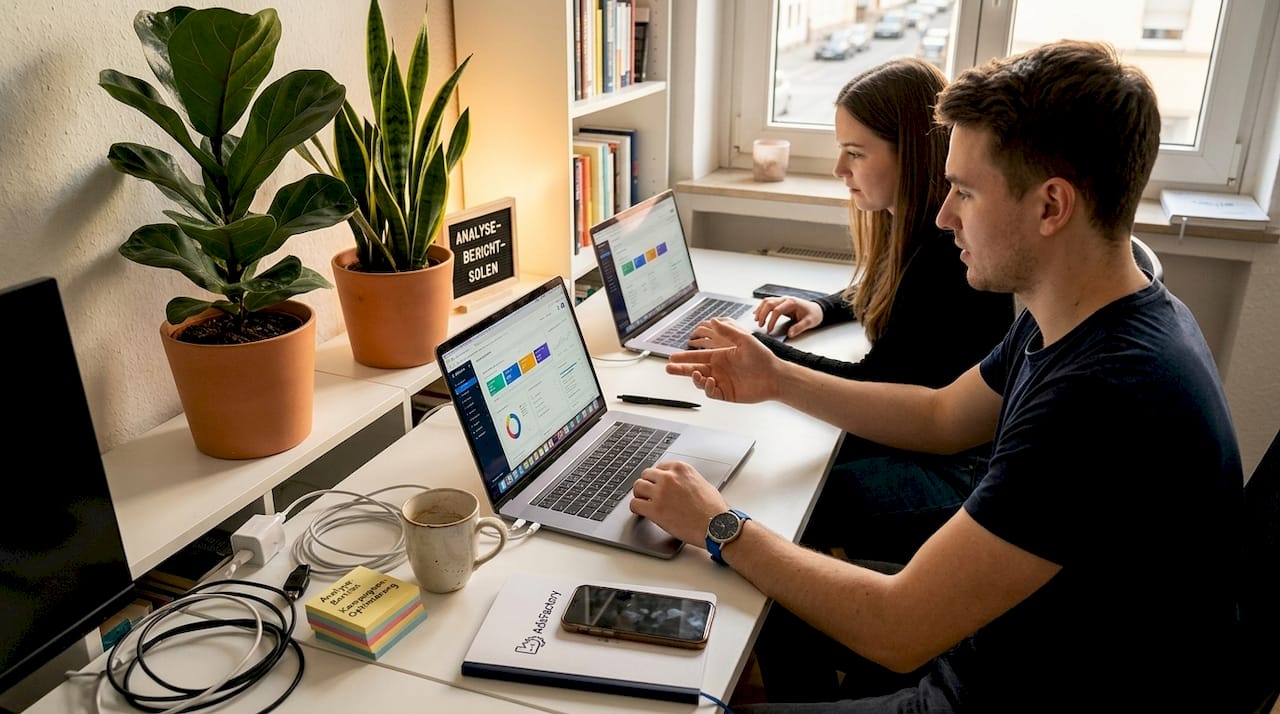 Das Team wirft gemeinsam einen Blick auf die aktuellen Social-Media-Auswertungen.