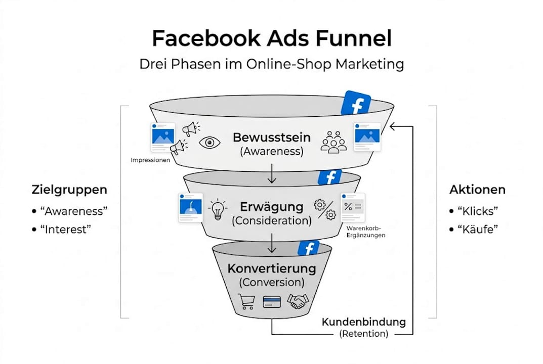 Übersichtsgrafik: So funktioniert der Facebook Ads Funnel im Onlinehandel