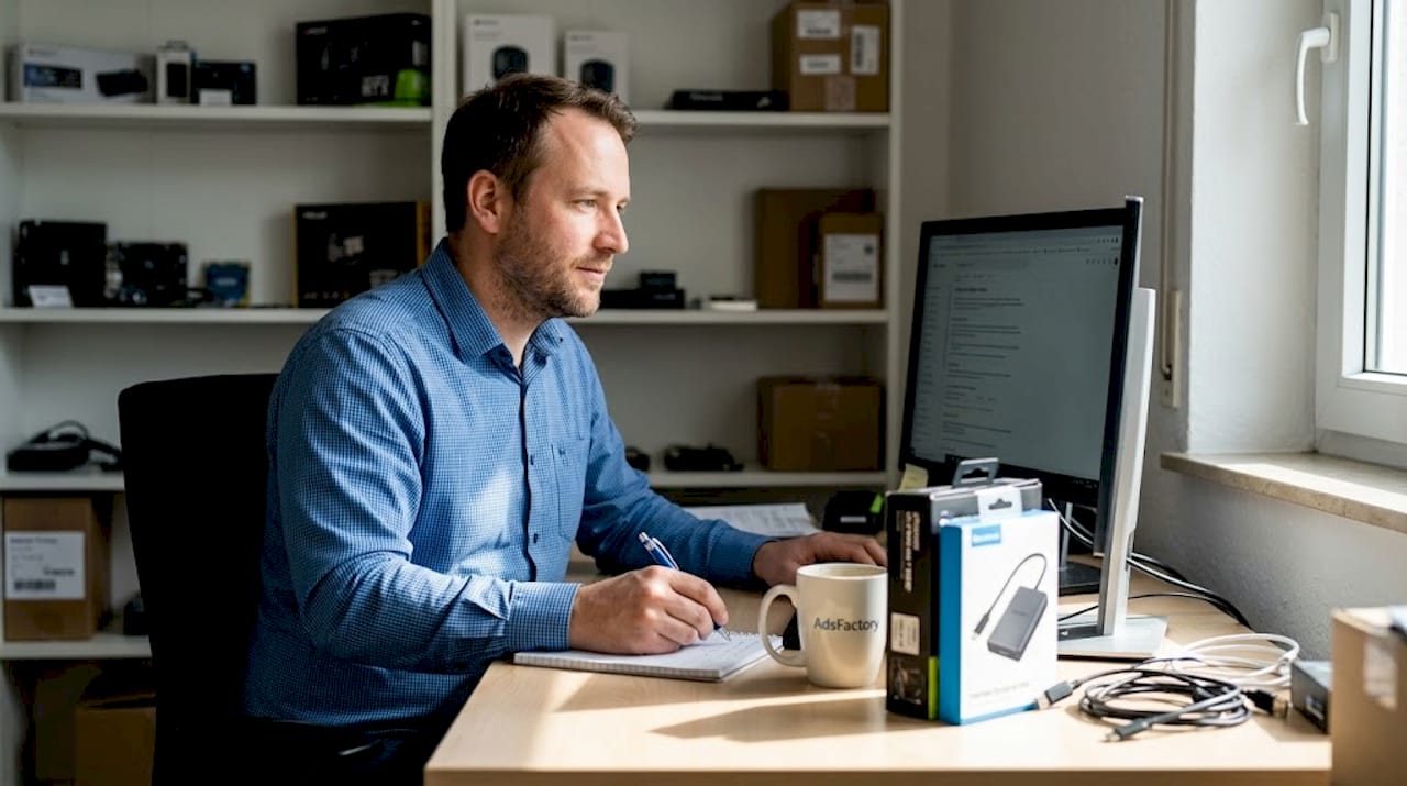 Inhaber eines Elektronikfachgeschäfts analysiert die Wirksamkeit seiner Marketingmaßnahmen.