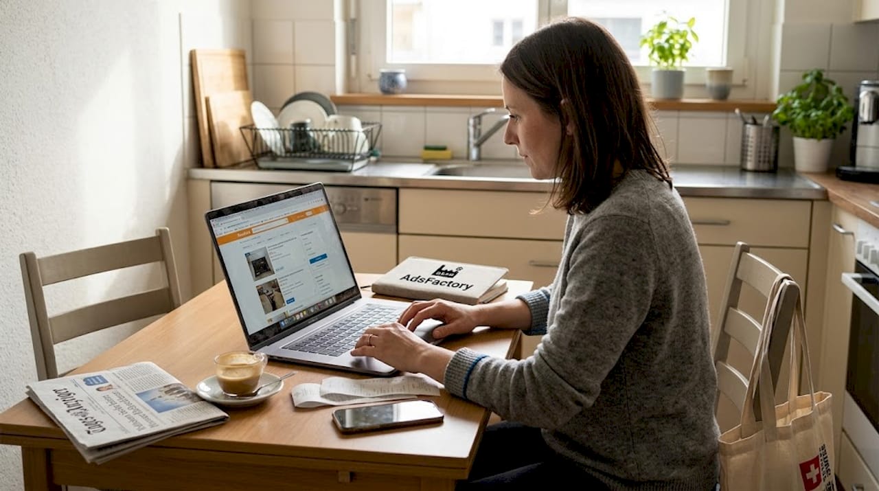Eine Frau stöbert gemütlich von zu Hause aus in einem Schweizer Onlineshop.