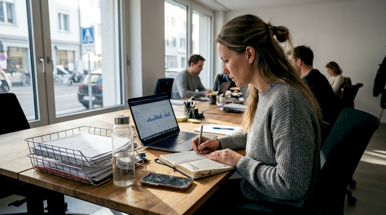 Eine E-Commerce-Managerin sitzt im Büro und arbeitet konzentriert an ihrem Laptop.