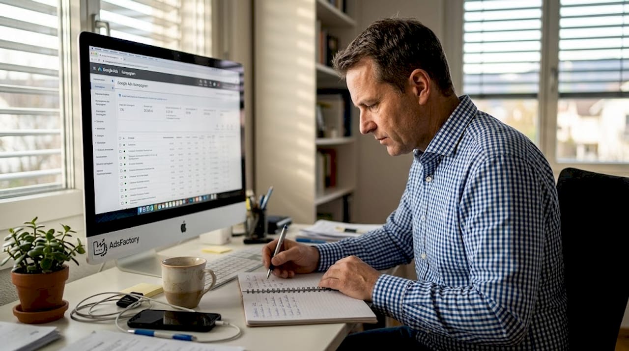 Ein Ladenbesitzer analysiert die aktuellen Marketingzahlen direkt an seinem Arbeitsplatz.