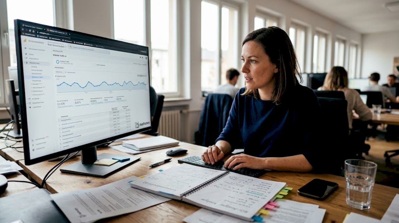 Eine Marketingmanagerin analysiert die aktuellen Kennzahlen der laufenden Kampagne.