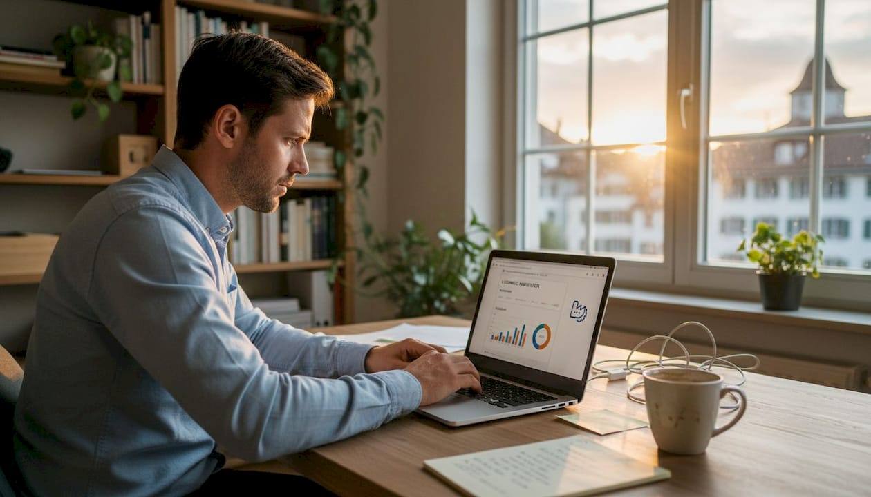 Ein Mann sitzt im Homeoffice und arbeitet konzentriert am Laptop, während er Daten analysiert.