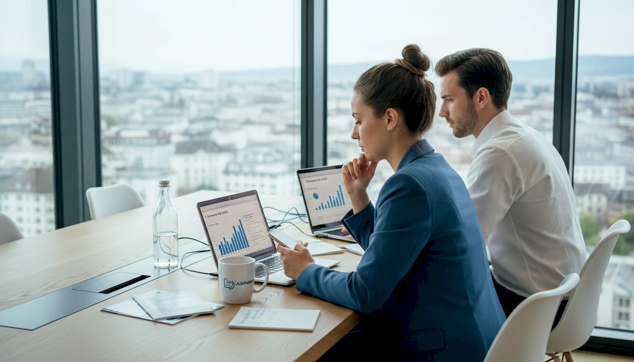Im Büro tauschen sich zwei Kollegen über die Auswertung von Social-Media-Daten aus.