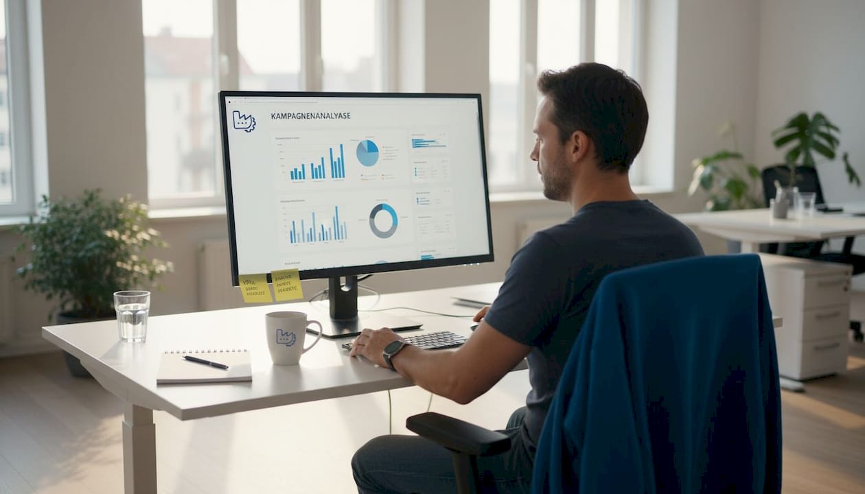 Ein E-Commerce-Manager analysiert am Schreibtisch die aktuellen Kampagnenergebnisse.