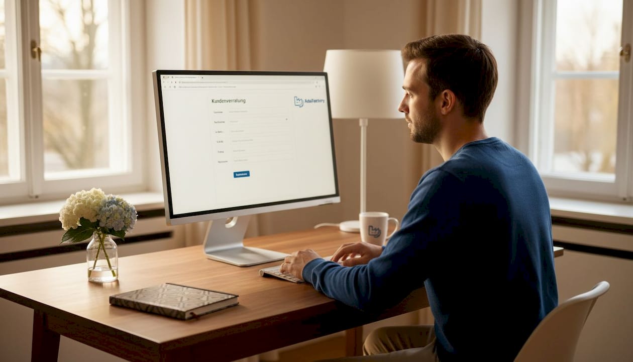Eine Person sitzt am Schreibtisch und trägt ihre Daten in ein CRM-Formular ein.