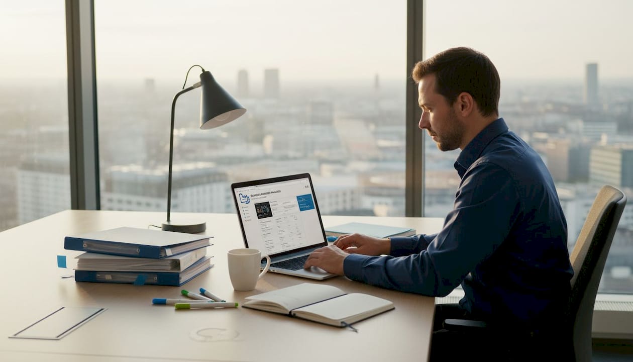 Ein Marketingmanager analysiert die aktuellen Trackingdaten gemeinsam mit seinem Team im Besprechungsraum.