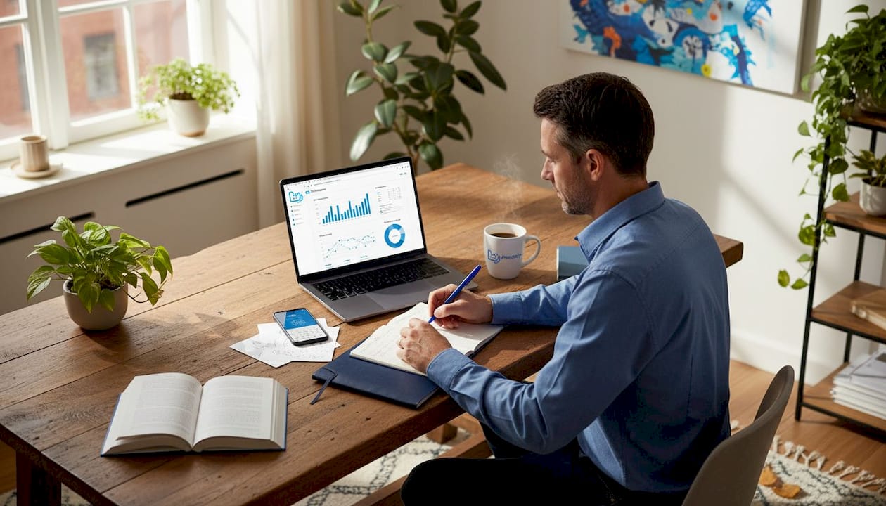 Der Inhaber sitzt am Küchentisch und wirft einen Blick auf die aktuellen Website-Statistiken.