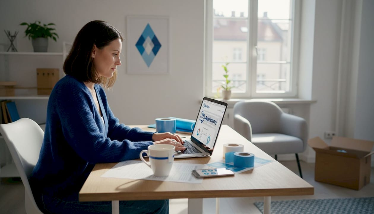 Ein Online-Shop-Betreiber sitzt am Schreibtisch, arbeitet am Laptop und bereitet nebenbei Päckchen zum Versand vor.