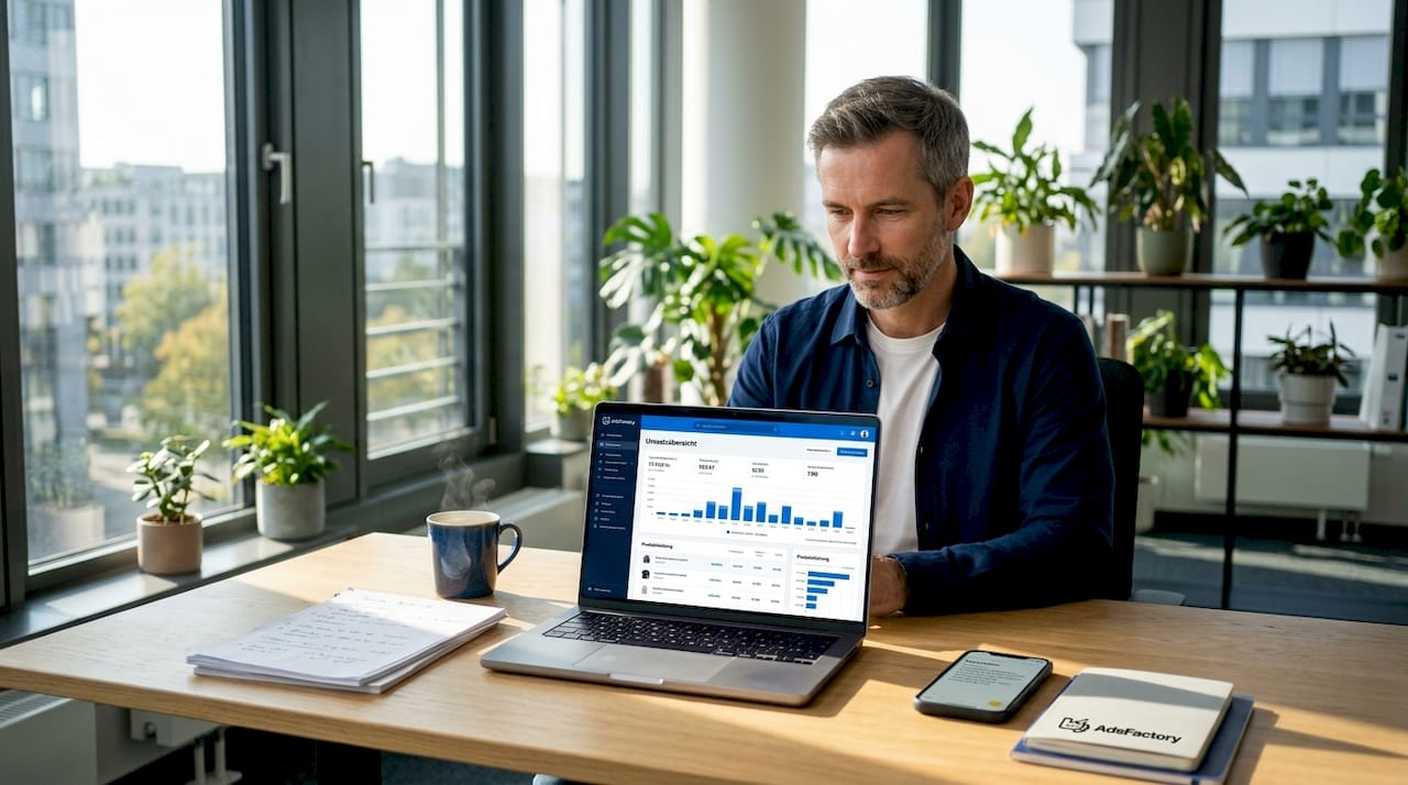 Ein E-Commerce-Manager wirft im Büro einen prüfenden Blick auf die aktuellen Zahlen und Auswertungen.