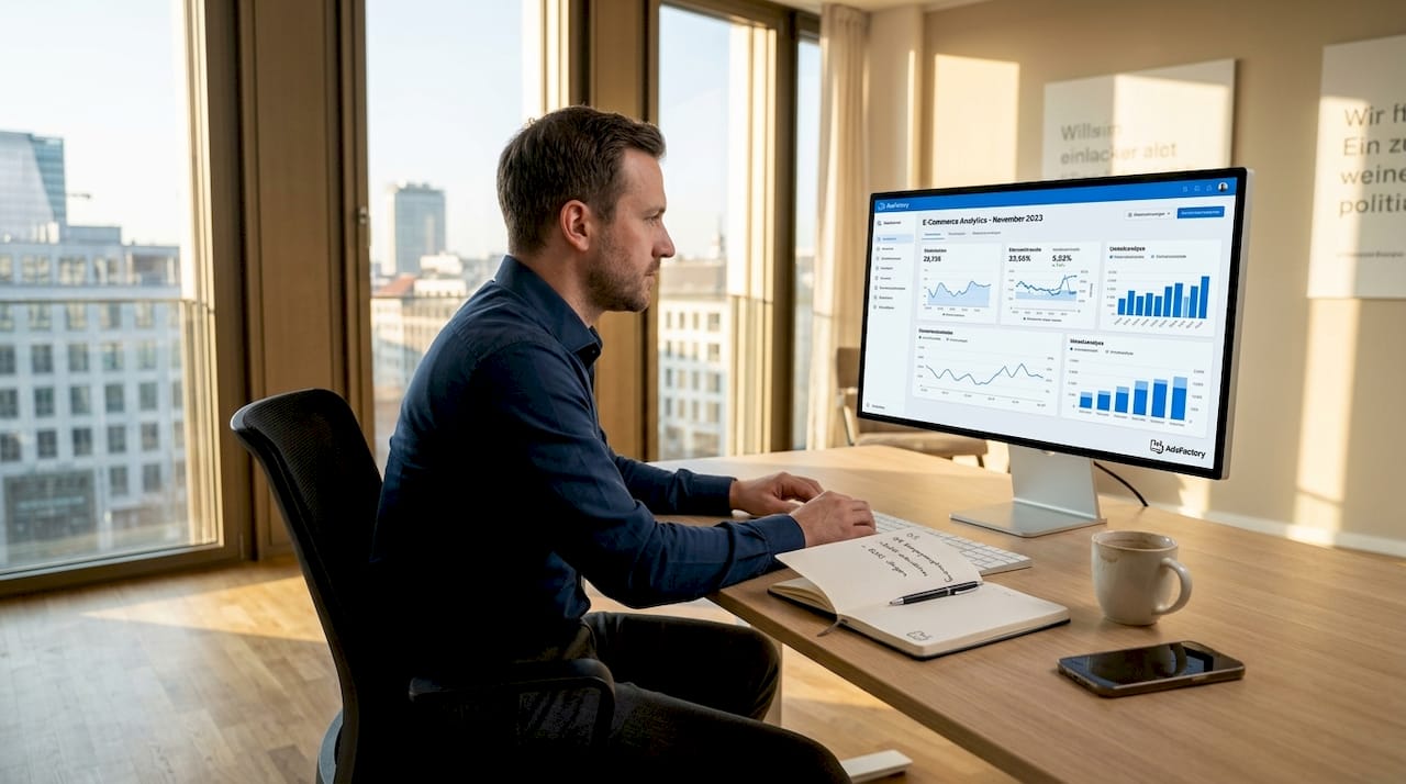 Ein Manager wertet am Schreibtisch im Büro aktuelle Analysedaten aus.