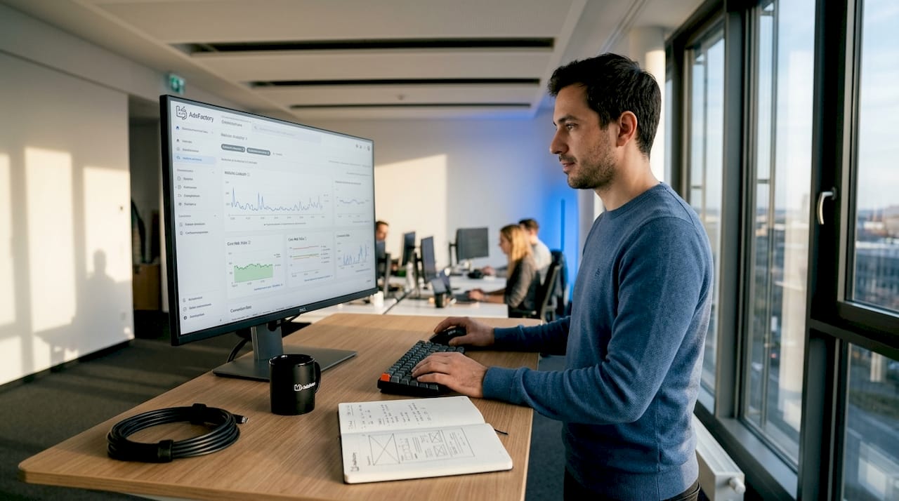 Ein Webentwickler sitzt am Laptop und überprüft, wie schnell und zuverlässig die Webseite läuft.
